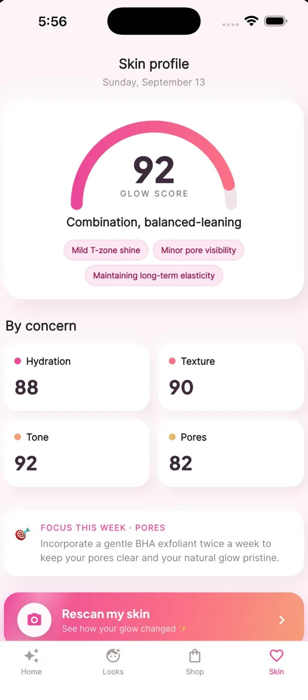 Skin profile with a glow score of 92